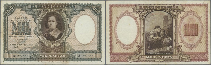 Spain: 1000 Pesetas 1940 P. 120, used with several folds and some border tears, ...