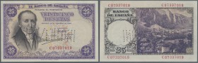 Spain: 25 Pesetas 1946 Specimen P. 130s, cancellation perforation, with regular serial numbers, light traces of attachment to cardboard at left border...