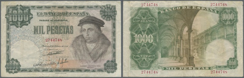Spain: 1000 Pesetas 1946 P. 133a, used with folds, no holes or tears, still cris...