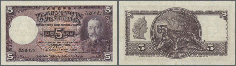 Straits Settlements: 5 Dollars 1935 P. 17b in exceptional condition, with 3 ligh...