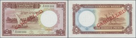Sudan: 5 Pounds 1954 Specimen P. 4s, zero serial numbers, cancellation holes, ”Cancelled” overprint, light corner bend at lower right, condition: aUNC...
