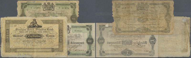 Sweden: set with 3 Banknotes 32 Skilling 1836, 1 Riksdaler 1864 (in F with annot...