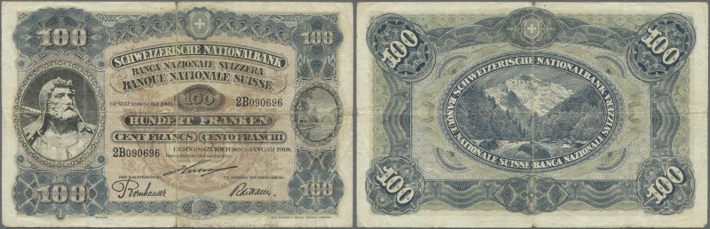 Switzerland: 100 Franken 1918, P.9, highly rare note with lightly stained paper,...