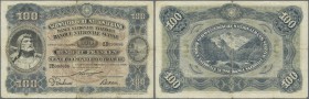 Switzerland: 100 Franken 1918, P.9, highly rare note with lightly stained paper, several folds, small border tears and tiny hole at center. Condition:...