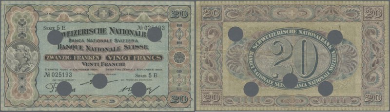 Switzerland: 20 Franken 1905 P. 12f, bank cancelled, 3 vertical, one horizontal ...