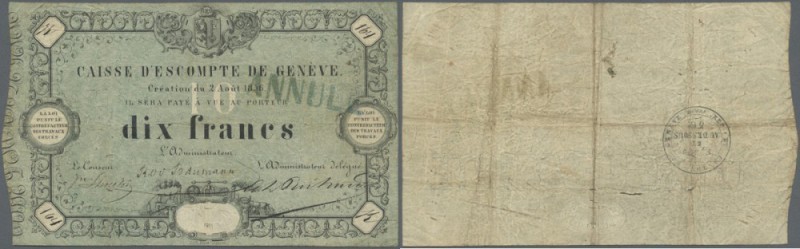 Switzerland: 10 Francs 1856, Caisse D'Escompte de Genève, P. S311, stamped ”Annu...
