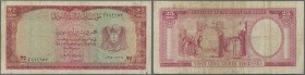 Syria: 25 Livres ND(1955) P. 78B, stronger used with several folds and creases, stained paper, 2 small pinholes, no tears, no repairs, condition: F-.