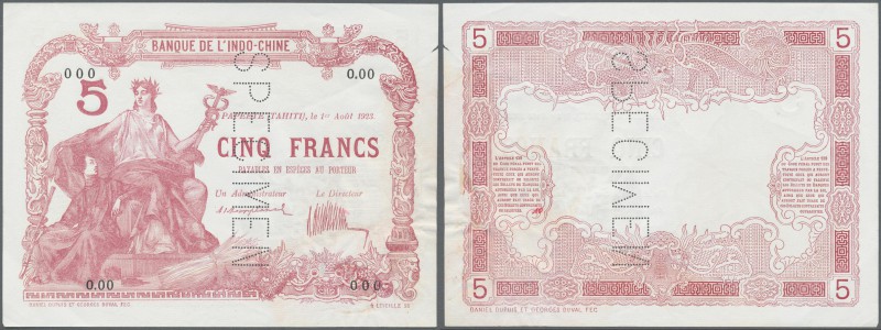 Tahiti: very rare Specimen note of 5 Francs 1923 Banque de l'Indochine P. 4s, wi...