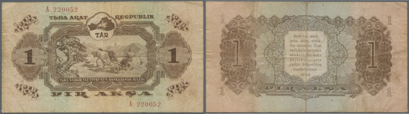 Tannu-Tuva: 1 Aksa 1940, P.15 in used condition with several folds, stained pape...