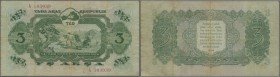 Tannu-Tuva: 3 Aksa 1940, P.16, stained paper with some folds and tiny hole at center. Very Rare! Condition: F-