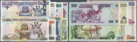 Tanzania: set of 8 different SPECIMEN banknotes containing 10, 20, 100, 200, 500, 1000, 5000 and 10.000 Shillings P. 6s,11s,15s,23s,25s,30s-33s, all w...