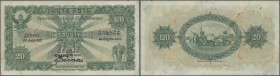 Thailand: 20 Baht 1927 P. 19a, used with several folds and light stain on back side, 2 pinholes, a minor split at upper right border, still strongness...