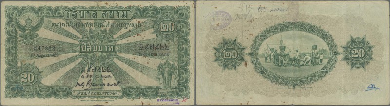 Thailand: 20 Baht 1929 P. 19b in used condition, several folds and creases in pa...