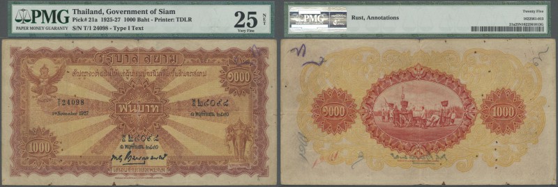 Thailand: 1000 Baht 1927 P. 21a, condition: PMG graded 25 VF NET.