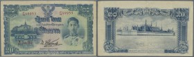 Thailand: 20 Baht ND(1942) P. 49a, seldom seen note, stronger vertical and horizontal fold, pressed, no holes, still nice colors and strongness in pap...