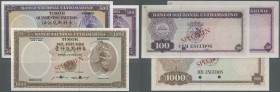 Timor: set of 3 Color Trial Specimens containing 100, 500 and 1000 Escudos in different than issued colors, all with cancellation holes and zero seria...