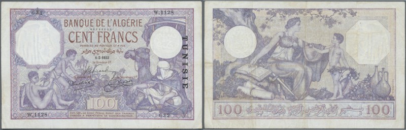 Tunisia: 100 Francs 1933 P. 10b, used with folds, pressed, very light staining, ...