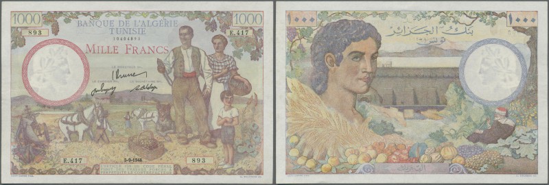 Tunisia: 1000 Francs 1946 P. 26, used with light folds but no holes or tears, st...