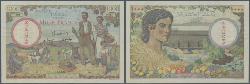 Tunisia: 1000 Francs ND(1946) Specimen P. 26s, with zero serial numbers and spec...