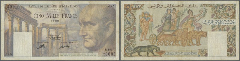 Tunisia: 5000 Francs 1950 P. 30, used with several folds and lightly stained pap...