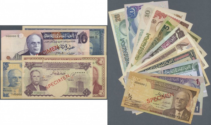 Tunisia: set of 16 SPECIMEN banknotes containing 1/2 Dinar ND(1958), 1 Dinar 196...