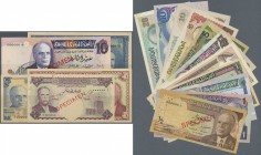 Tunisia: set of 16 SPECIMEN banknotes containing 1/2 Dinar ND(1958), 1 Dinar 1965, 1/2 Dinar 1965, 5 Dinars 1965, 1/2 Dinar 1972, 5 Dinars 1962, 1 Din...