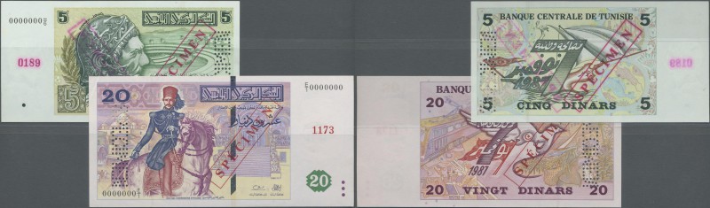 Tunisia: set of 2 Specimen notes 5 and 20 Dinars 1993 P. 86s, 88s, first in UNC,...