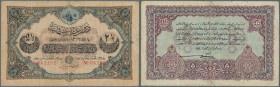 Turkey: 2 1/2 Livres 1913 P. 100, used with strong center fold, fixed with tape on back at lower border, small writing at right border, no holes, stil...