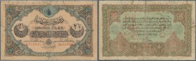 Turkey: 2 1/2 Livres 1913 P. 100, used with strong center fold, a larger tear along the center fold fixed with tape on back, border tears, writing at ...