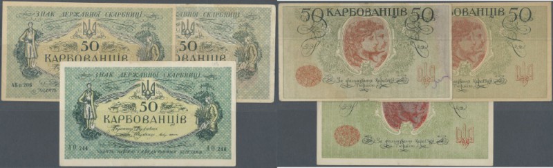 Ukraina: Set of 3 notes 50 Karbovantsiv ND(1918) and ND(1920), containing P. 4a ...
