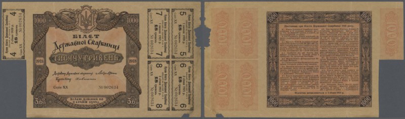 Ukraina: 1000 Hriven 1918 P. 15, one vertical fold, one coupon cut out at left b...