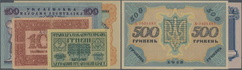 Ukraina: Set of 4 notes containing 2 Hrivni 1918 P. 20a (VF+ to XF), 10 Hriven 1...