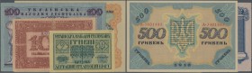 Ukraina: Set of 4 notes containing 2 Hrivni 1918 P. 20a (VF+ to XF), 10 Hriven 1918 P. 21a (F-), 100 Hriven 1918 P. 22a (VF+), and 500 Hriven 1918 P. ...