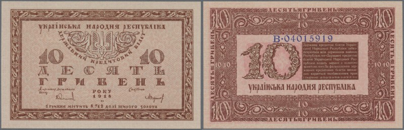 Ukraina: 10 Hryven 1918 P. 21c, Kharitonov 22c, rare note in crisp original cond...