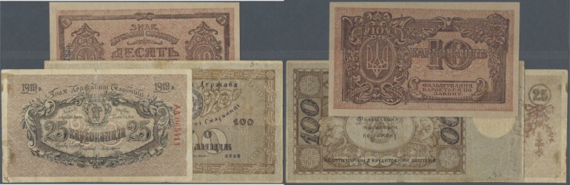Ukraina: Set of 3 banknotes containing 10 Karbovantsiv ND(1919) P. 36 (aUNC), 25...