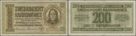 Ukraina: 200 Karbowanez 1942 P. 56, used with folds, very tiny center hole and minor border tears, still original colors, condition: F.