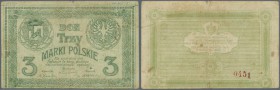 Ukraina: Magistrat m. Krzemienca, 3 Marki Polskie ND(1920) Kardakov K.5.31.5, several center folds, stain dots in paper, a 1cm tear at upper right, co...