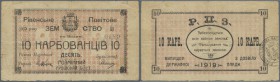 Ukraina: Rivne county district council (Рiвенське Повiтове Земство), 10 Karbovantsiv 1919 K.5.55.13, used with center fold, horizontal fold, handling ...