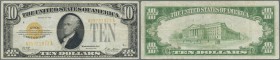 United States of America: United States Treasury 10 Dollars Gold Certificate series 1928, P.400, several handling marks with folds and slightly toned ...