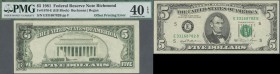 United States of America: 5 Dollars 1981 Fr#1976-E, Offset printing ERROR on back side, condition: PMG graded 40 XF EPQ.