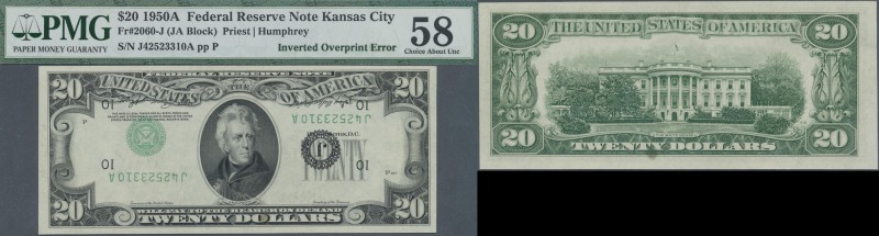 United States of America: 20 Dollars 1950A, ERROR note, the seal, block numbers ...
