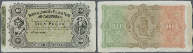 Uruguay: Banco de Londres y Rio de la Plata 100 Pesos 1862 unsigned remainder, P...