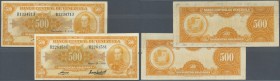 Venezuela: set of 2 notes 500 Bolivares 1958 & 1956 P. 37b, the 1958 dated note with crisp paper and folds, minor split at right border (VF-), the 195...
