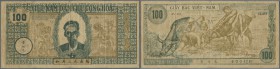 Vietnam: 100 Dong ND P. 8d, strong center fold which causes holes in paper, several other folds, but no repairs, condition: F-.