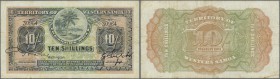 Western Samoa: 10 Shillings ND P. 7b, used with folds and light stain in paper, pressed but still strong paper, no holes or tears, no repairs, conditi...