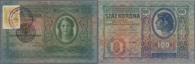 Yugoslavia: 100 Kruna 1912 (1919) with black round handstamp ”Ministarstvo Financija” like on P.4 and additional adhesive stamp with text in Serbian (...