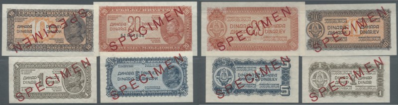 Yugoslavia: Set of 4 specimen banknotes including 1, 5, 10 and 20 Dinara 1944 Sp...