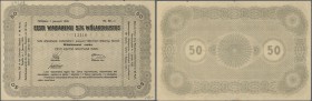 Estonia: 50 Marka 1920 of the Estonian Republic 5% Interest Debt Obligations, P.29 with several folds, lightly stained paper, small border tears and a...
