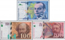 France: set of 4 banknotes containing 100 Francs 1940 and 50, 100, 200 Francs around 1995, P. 94, 157-159, usual traces of use, condition: F. (4 pcs)