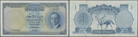 Iraq: 1 Dinar ND(1955) P. 39, vertically foled several times, no holes or tears, nice colors, crispness in paper, condition: VF-.